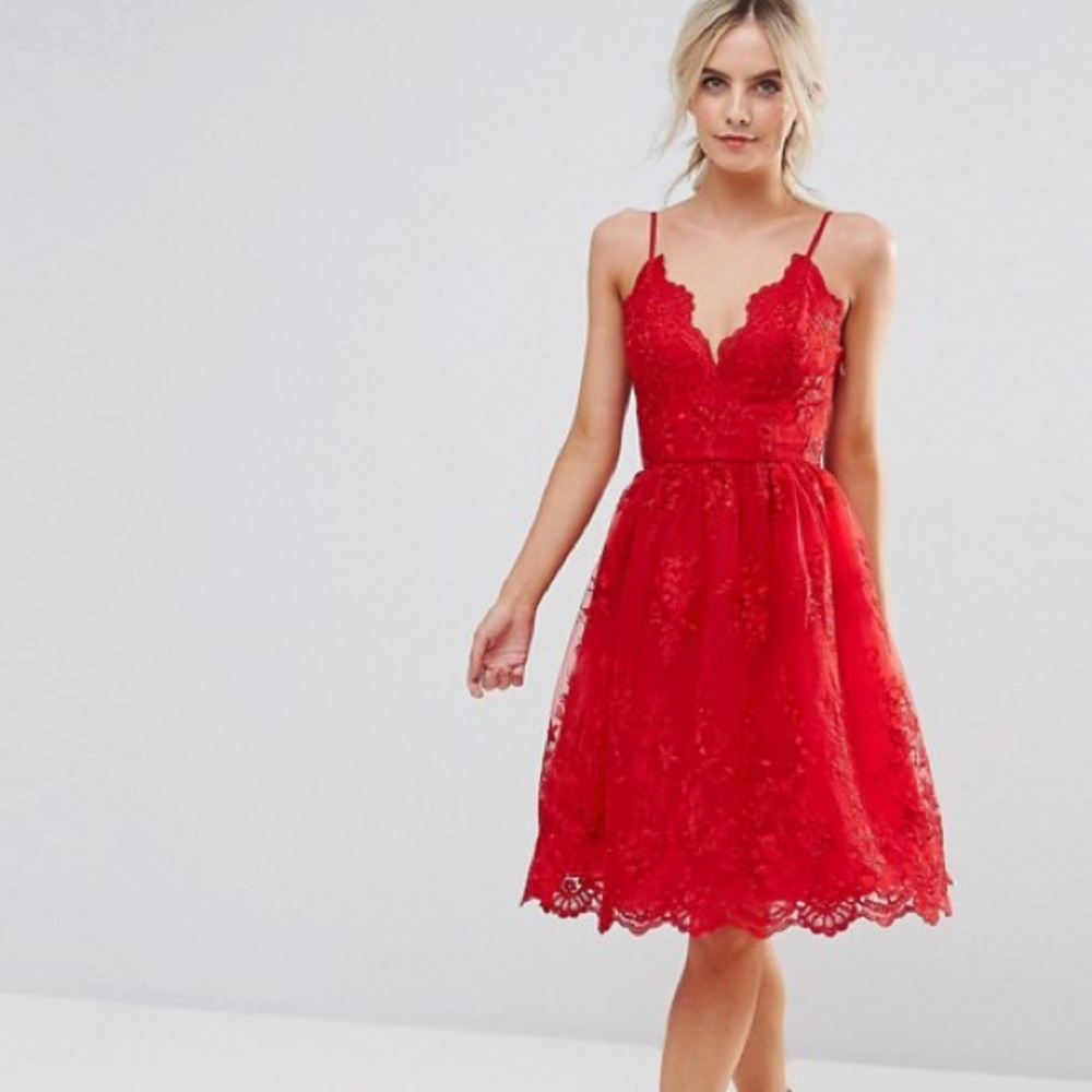Chi Chi London red lace midi dress